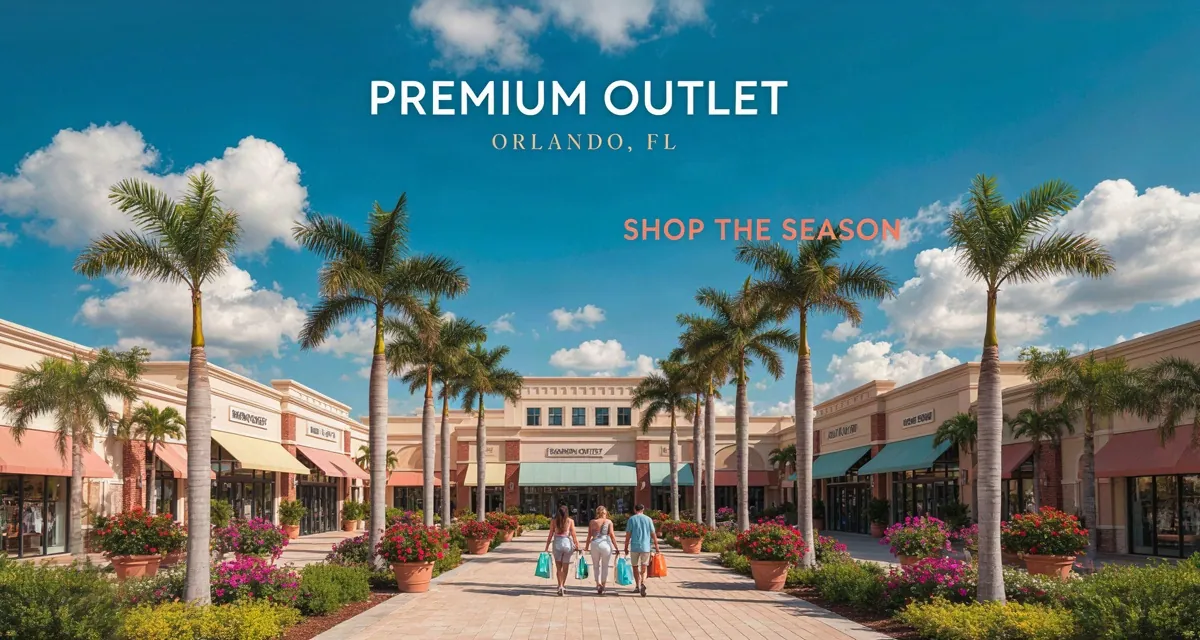 Premium Outlet Orlando: entrada de Orlando International Premium Outlets con compradores y bolsas de compras en Florida