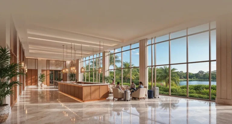 Hoteles dentro de Disney Orlando: lobby de un resort oficial de Walt Disney World con jardines y lago al fondo en Florida