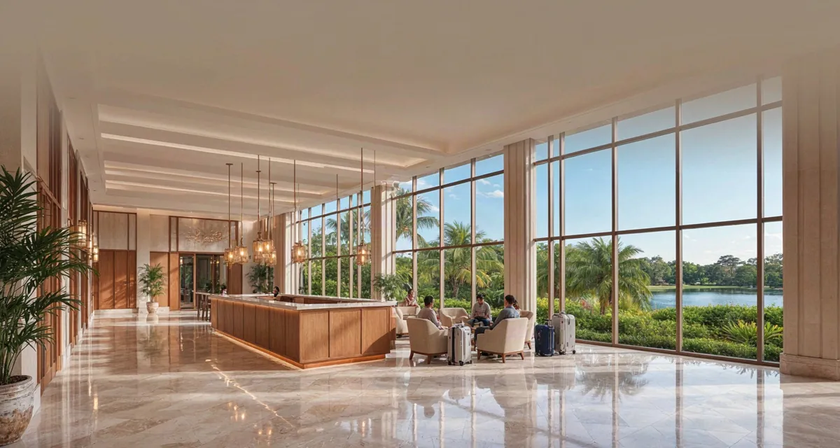 Hoteles dentro de Disney Orlando: lobby de un resort oficial de Walt Disney World con jardines y lago al fondo en Florida