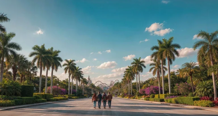 Mejor época para visitar Orlando: viajeros con ropa de media estación frente a las atracciones de un parque temático en Florida en 2026
