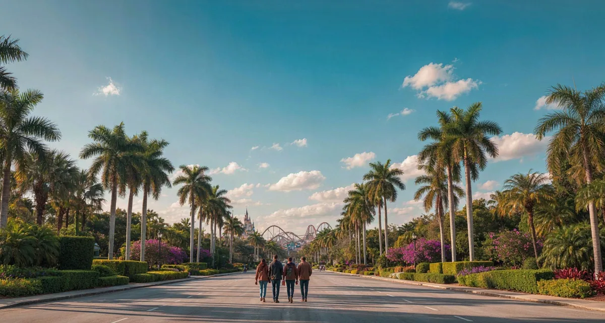 Mejor época para visitar Orlando: viajeros con ropa de media estación frente a las atracciones de un parque temático en Florida en 2026