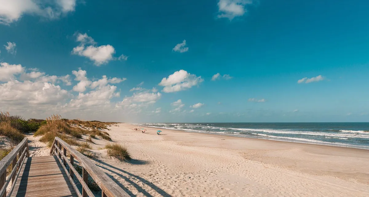 Mejores playas de Orlando Florida: arena clara y olas suaves con pasarela de madera en la costa atlántica cerca de Disney
