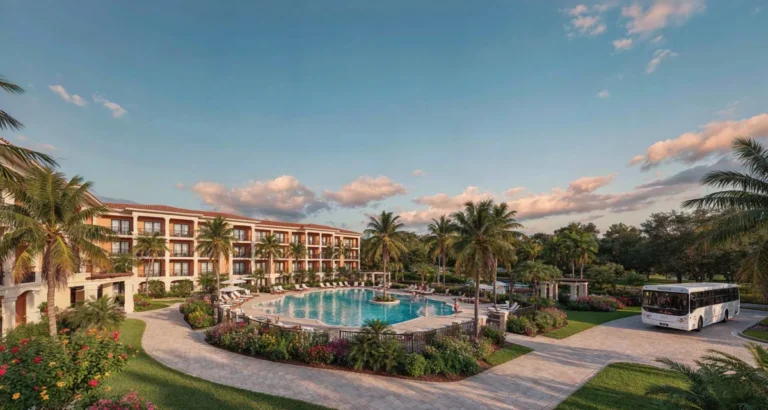 Hoteles en Orlando cerca de los parques: piscina de resort familiar con palmeras y shuttle a Disney en Florida