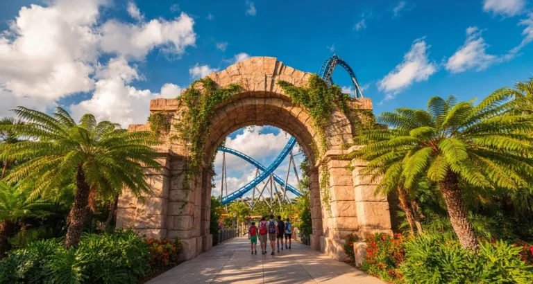 Parque jurásico en Orlando: acceso a la zona Jurassic Park de Islands of Adventure con vegetación tropical y la VelociCoaster al fondo